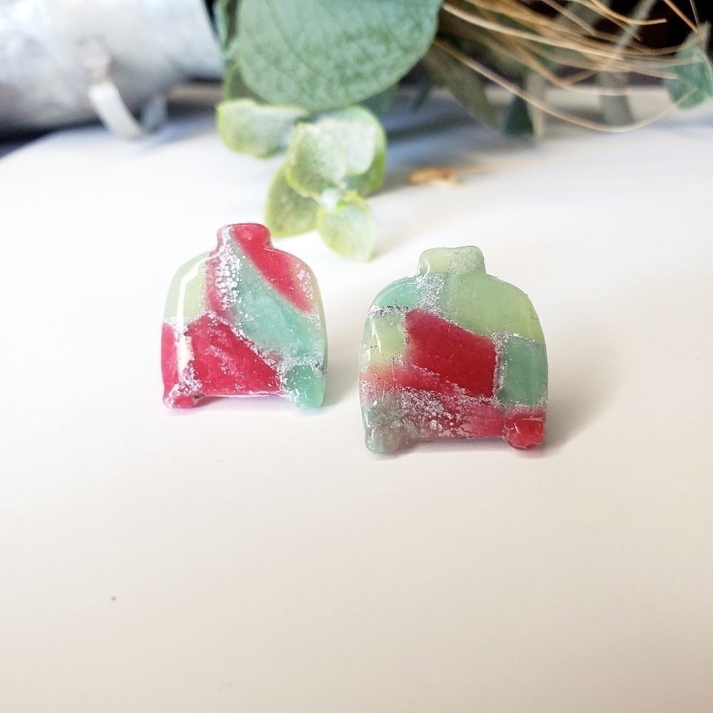 Polymer clay stud earrings, red and green marble sweater with high gloss shine